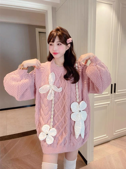 JENNIFER JXLIU South Korea Dongdaemun Dongdaemun winter ladies wind heavy industry three-dimensional flower twist stick needle loose sweater