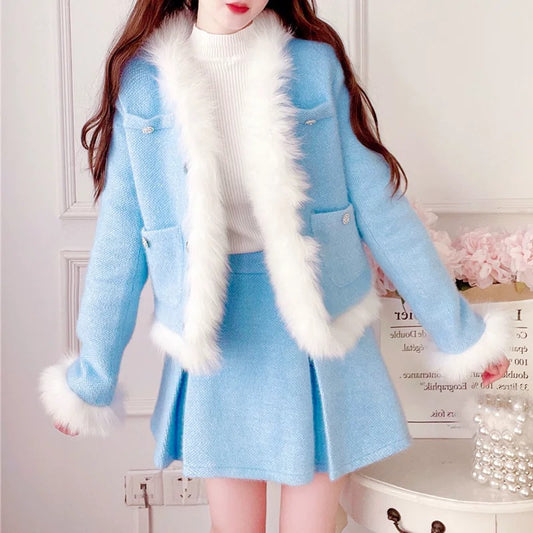 Small fragrance suit women's autumn and winter 2022 new temperament ladies fur collar short coat high waist skirt two-piece set