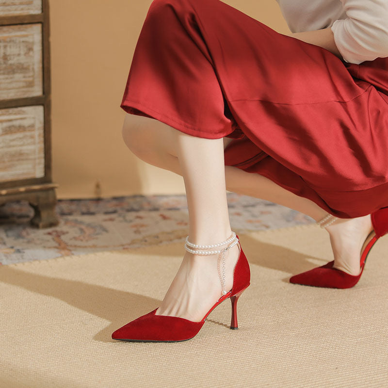 Red Baotou sandals women's stiletto one-word belt pearl hollow high-heeled single shoes temperament Xiuhe bridesmaid wedding shoes 8cm
