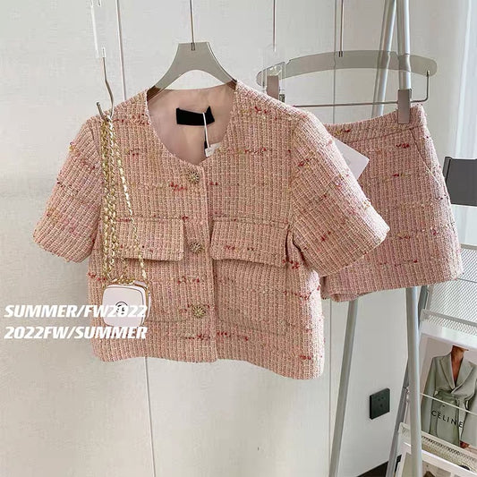 French style small fragrance summer dress fashionable western style fashionable pink shorts two-piece suit 2022 summer women's new style 1871