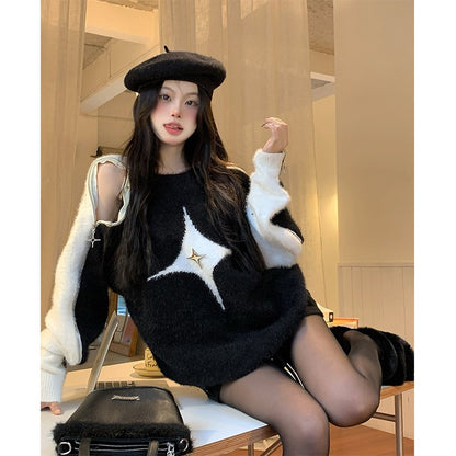 Lazy style retro round neck design off-the-shoulder knitted sweater women's autumn and winter mid-length loose sweater niche top