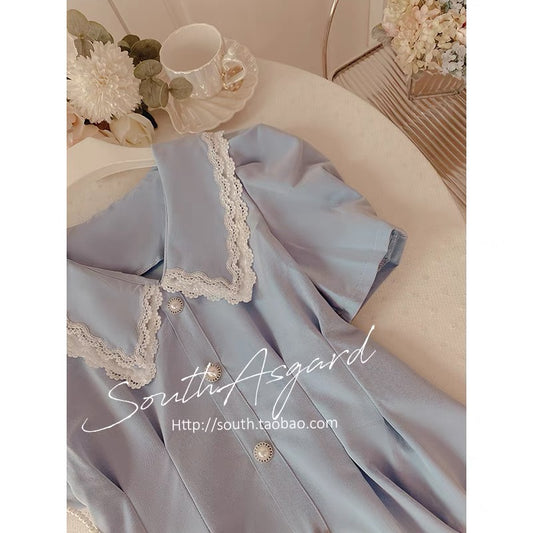 Southern Asgard blue dress female summer high-end first love department chic gentle wind skirt waist thin milk sweet skirt