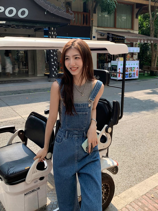 MULVAN blue denim overalls women's 2022 new Korean version loose straight jumpsuit mopping wide-leg trousers