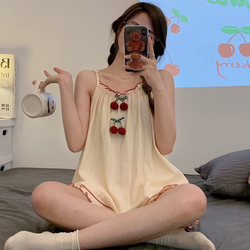 2022 new summer high-end pajamas girls suspenders cotton cute cherry can be worn outside home service suit