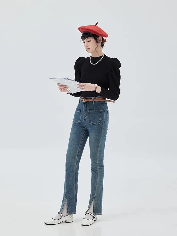 AMUU puff sleeve long-sleeved knitted T-shirt women's 2022 autumn and winter new fashion all-match design niche tops
