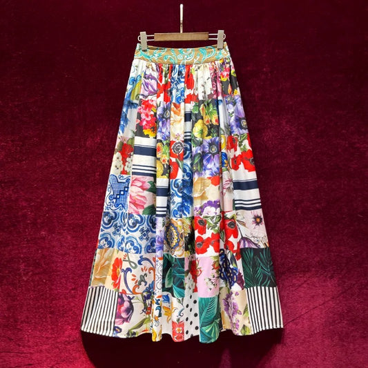 Goddess Fan 2022 Summer New Retro Printing Shows Thin Temperament High Waist Versatile Mid-Length Skirt Western Style