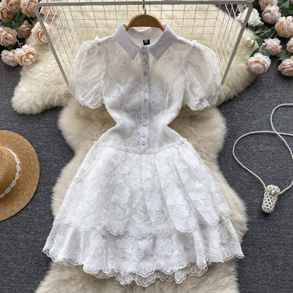 Small chic and beautiful lace puff sleeve dress summer women's artistic sense forest princess first love skirt