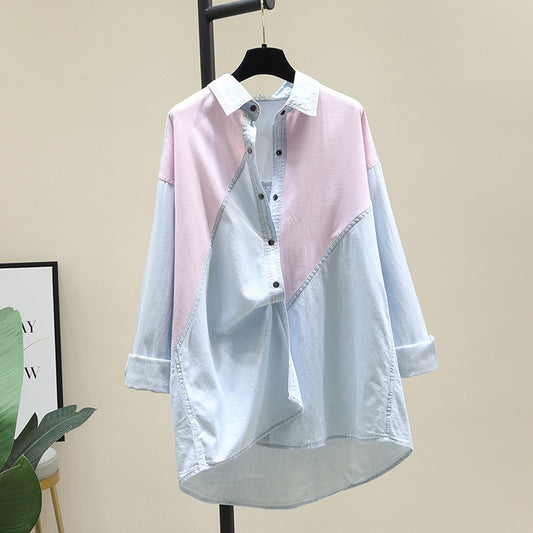 Pink striped stitching mid-length denim shirt women 2023 early spring new Korean style loose casual shirt jacket
