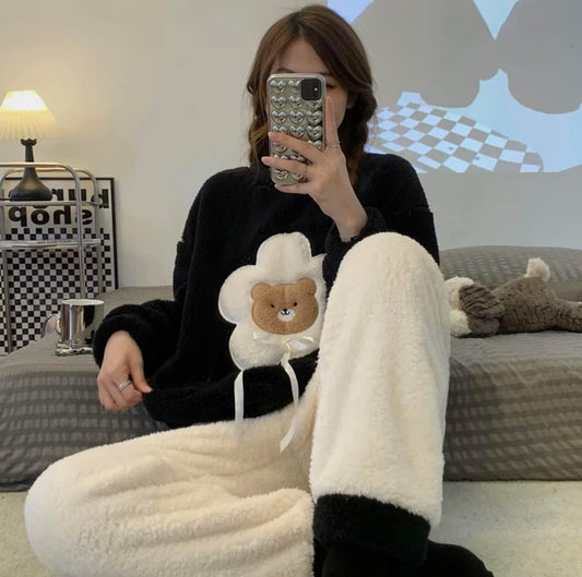 2022 new coral fleece pajamas women's autumn and winter thickened cute cartoon flannel home clothes casual suit winter