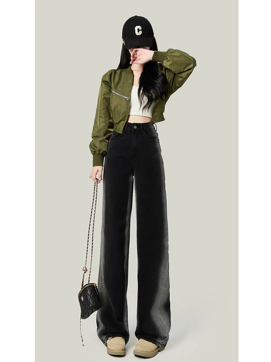 Black gradient wide-leg jeans women's 2022 autumn new high-waisted loose-fitting thin straight-tube drapey mopping trousers