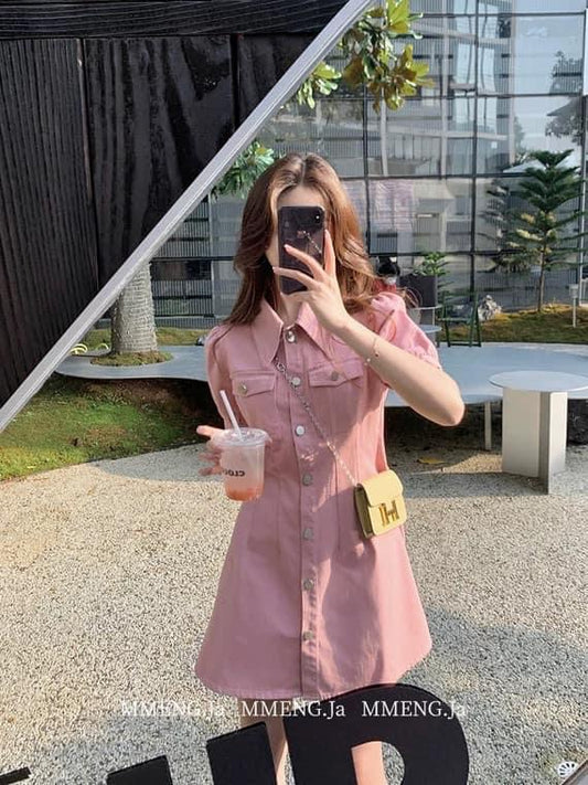 MMENGJA "Summer Sweetheart ゝ Pink Shirt Dress Slim Polo Collar Pure Desire Summer A-line Short Dress