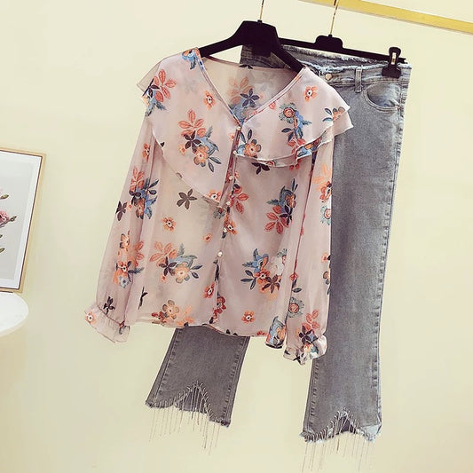 Shop withdrawal women's clothing cut standard clearance special price spring and autumn lotus leaf V-neck floral chiffon shirt women's tide