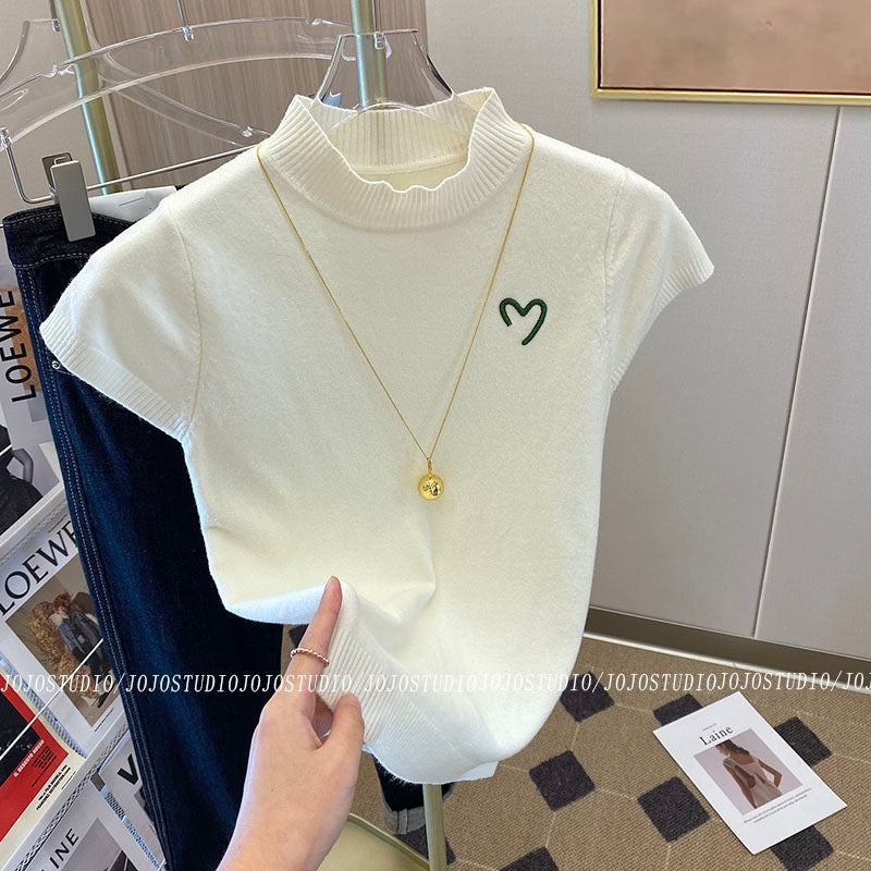 Slim half-high collar embroidered knitted bottoming shirt women 2023 early spring new design sense warm inner T-shirt top