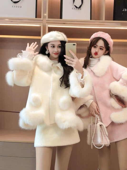 Celebrity temperament order bead fur collar design sense cape coat skirt two-piece set women's new autumn and winter wear