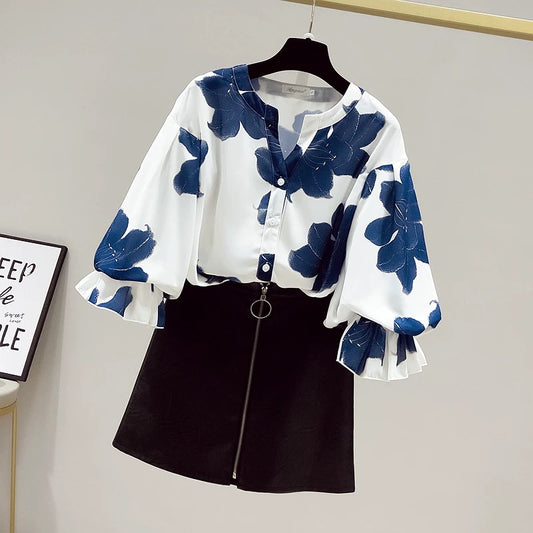 Cut label counters withdraw foreign trade summer chiffon shirt women's three-quarter sleeves loose cover belly floral shirt