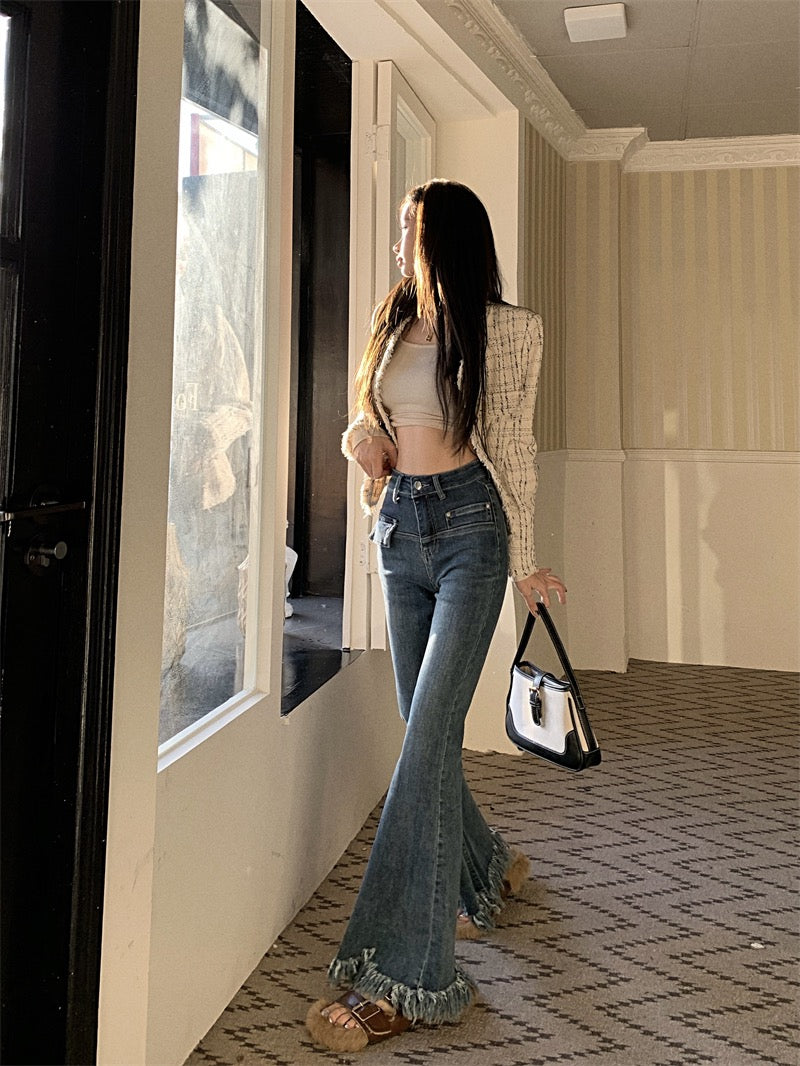 Raw edge retro fringe jeans women's spring and autumn self-cultivation and thin design sense niche high waist micro flared pants trousers