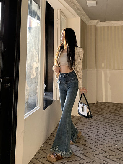 Raw edge retro fringe jeans women's spring and autumn self-cultivation and thin design sense niche high waist micro flared pants trousers