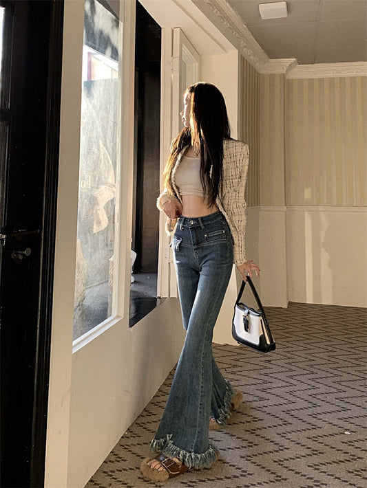 Raw edge retro fringe jeans women's spring and autumn self-cultivation and thin design sense niche high waist micro flared pants trousers