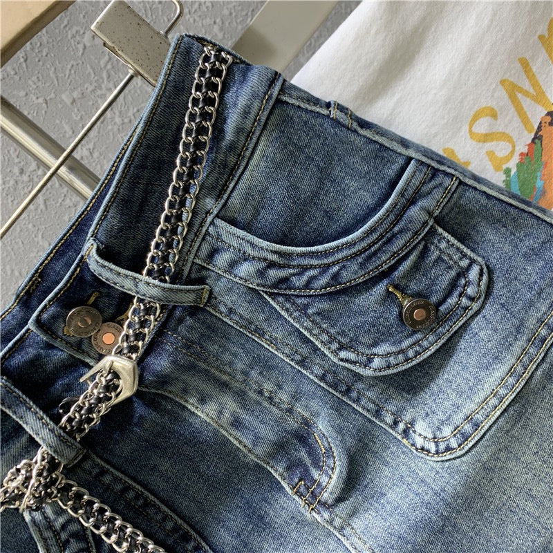 Tide brand 2023 spring new retro nostalgic blue denim bag hip skirt sexy high waist elastic a-line skirt