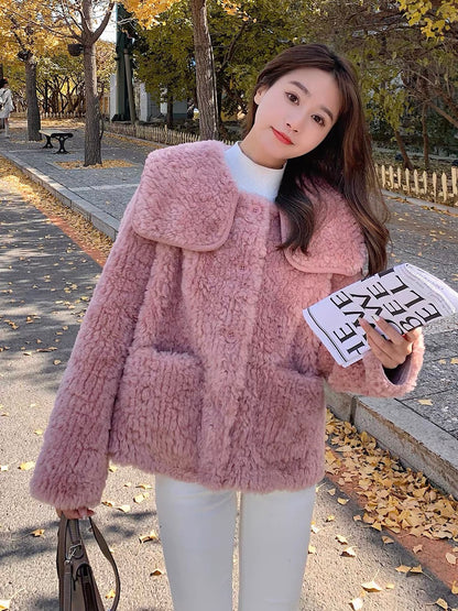Pink lamb wool coat women's autumn and winter 2022 new Korean style small man high-end temperament fur coat