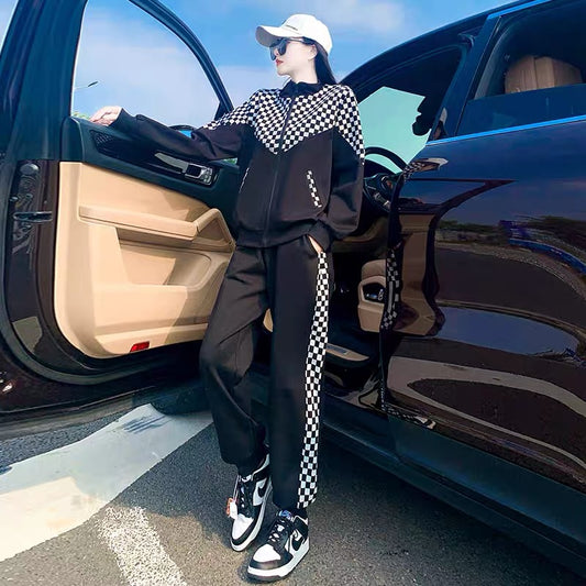 White casual fashion sportswear suit women's autumn loose western style high-quality checkerboard plus velvet sweater two-piece set 1663