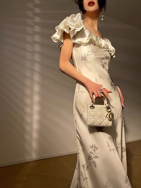 Aconiconi｜Lengxiang Shenlan goddess temperament high-end French print slim dress mid-length dress