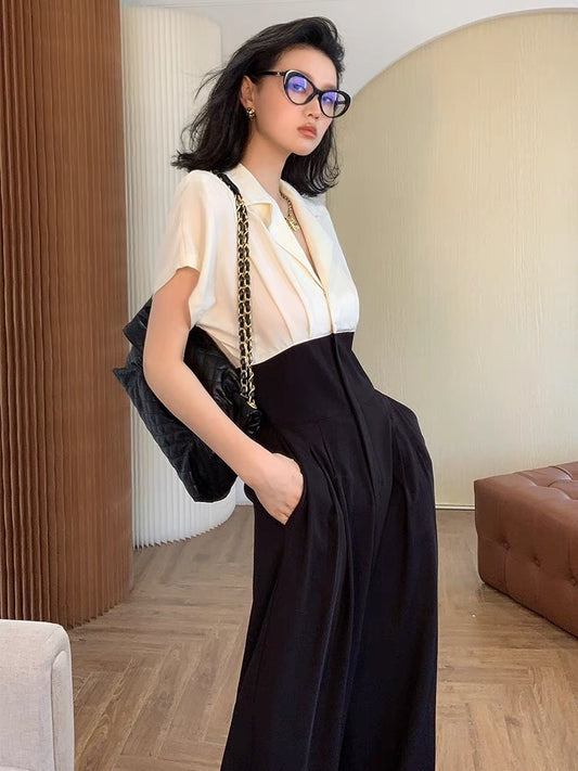 WANGXO black and white contrast color stitching jumpsuit 2022 summer fake two-piece high-waist casual short-sleeved jumpsuit wide-leg pants