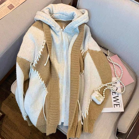 Minority design sweater cardigan stitching hooded sweater coat women's 2022 spring new lazy style Korean version of the tide