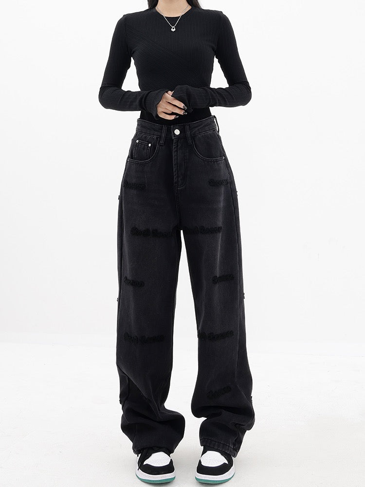 KEN STUDIO star with the same style plus velvet thickened flocking jeans women's winter wide-leg straight casual pants pants