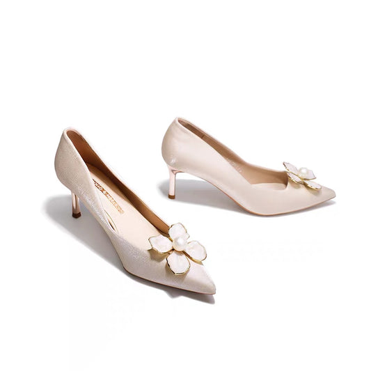 AUENODLS French nude white flower pearl pointed high-heeled single shoe class Xiuhe master wedding bridesmaid wedding shoes women rt flat wedding shoes main wedding dress girl