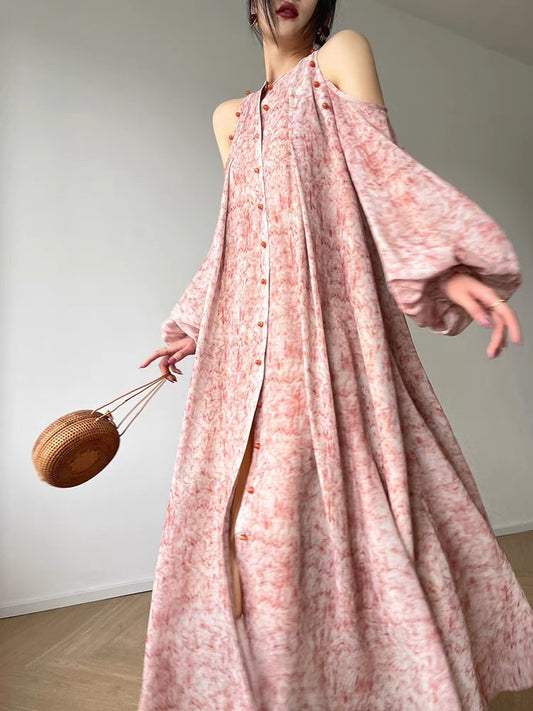 Aconiconi｜Evening Court Red Maple French Ink Dress Summer Lazy Style Off-the-Shoulder Long Dress