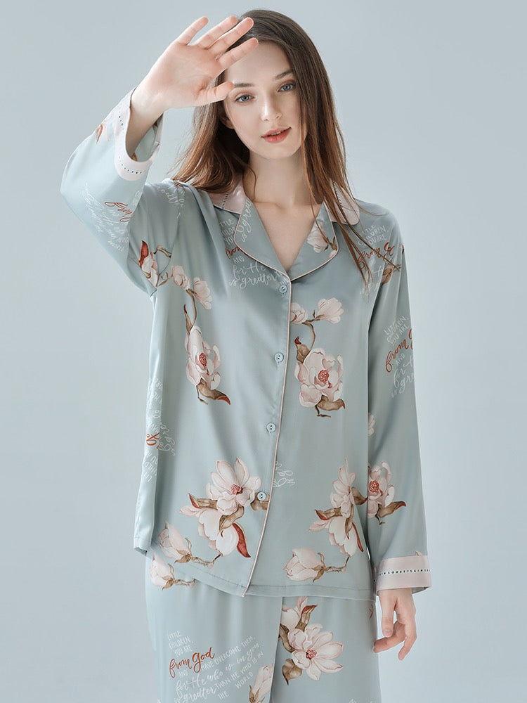 IIZZINI 2023 women's pajamas spring and autumn long-sleeved ice silk Chinese style white magnolia flower trousers home clothes set