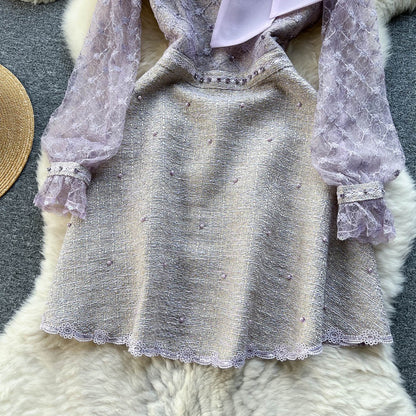 Autumn design sense heavy industry beaded mesh yarn embroidered bowknot dress female long-sleeved princess A-line bag hip skirt