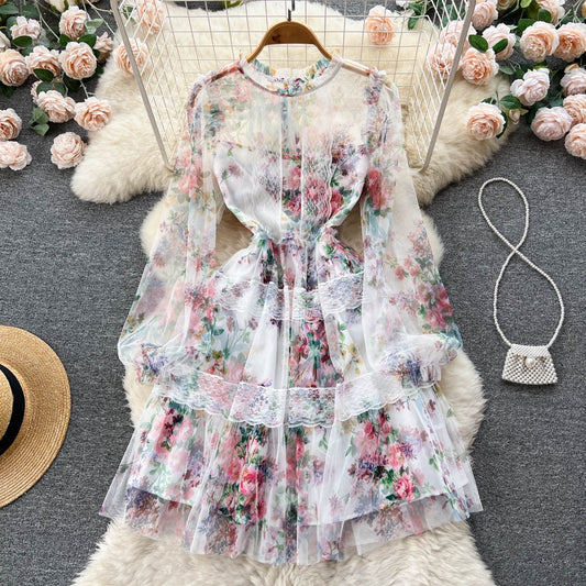 French sweet printing explosive style lantern long-sleeved autumn dress women's Korean style waist lace edge mid-length skirt