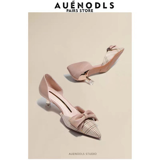 AUENODLS pink plaid bow hollow pointed high-heeled shoes girl with skirt stiletto shoes female summer
