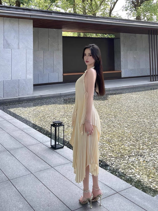 For Fay yellow pleated halterneck skirt suit women's summer pure desire pleated skirt