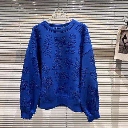 Net red with the same style 2022 autumn new full body letter rhinestone hot diamond shiny round neck pullover sweater top women's tide