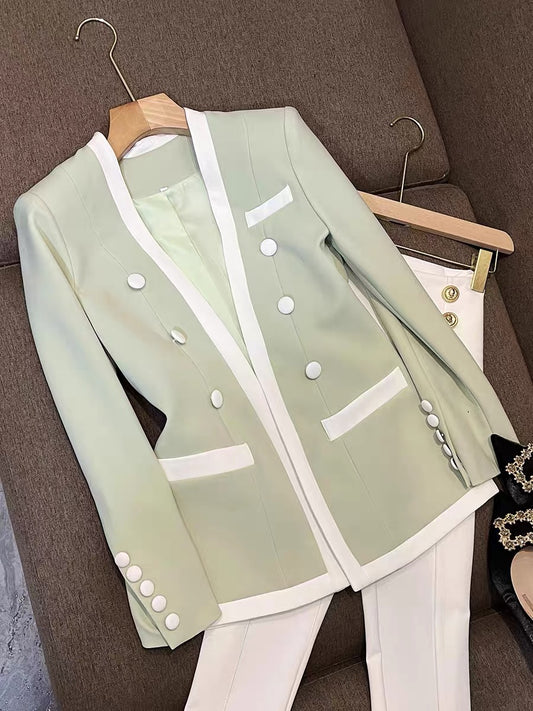 European station early autumn 2022 autumn and winter style chic design green high-end suit suit jacket female 6846