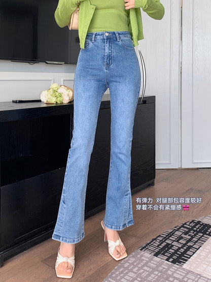 Mrs. Island Song Spring Dress 2023 New Women's Slit Slim Flared Jeans High Waist Light Color Long Pants