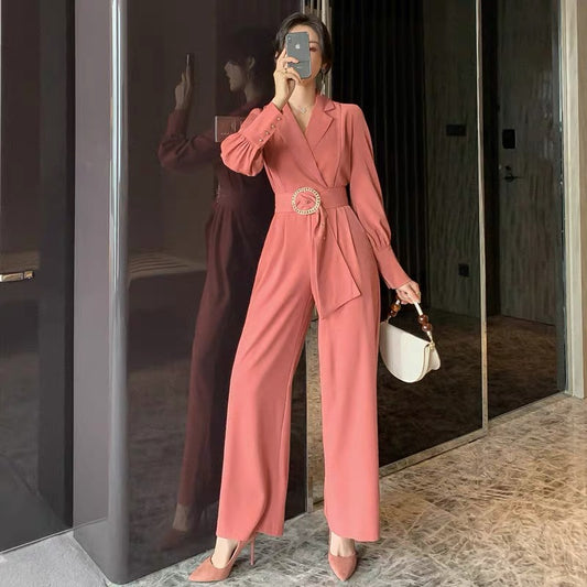 European station brick red jumpsuit female 2022 new autumn high waist was thin long sleeve fashion wide leg temperament jumpsuit