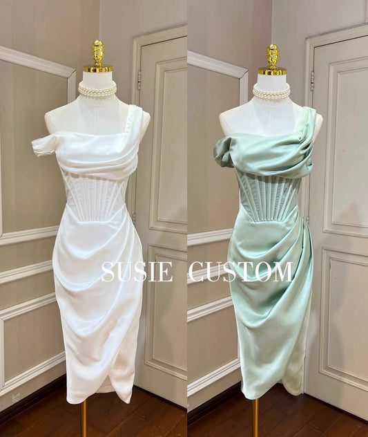 High custom temperament design irregular sloping shoulder strapless tube top fishbone self-cultivation pleated slit satin dress skirt