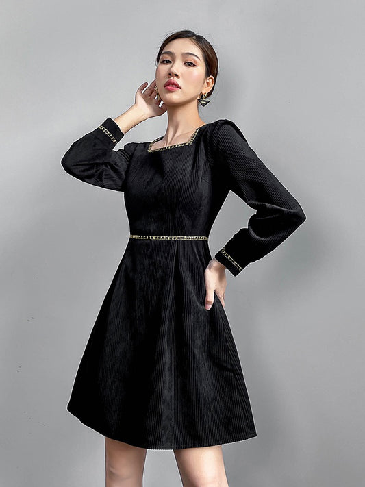 Brand autumn dress temperament socialite square collar corduroy black retro style party high-level goddess skirt winter
