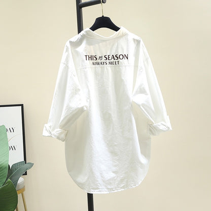 White shirt women's mid-length 2023 spring new Korean version loose back letters casual all-match long-sleeved shirt