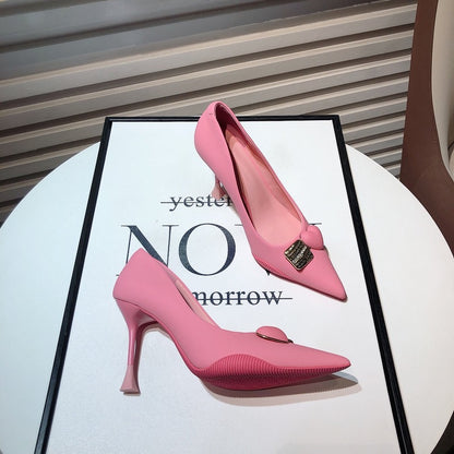 White high-heeled shoes 2022 autumn new niche design fairy love metal buckle pointed toe stiletto heel shallow mouth single shoes
