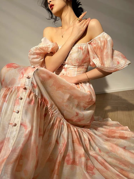 Aconiconi｜Huayue Wanran romantic and elegant French puff sleeve one-shoulder high-end niche long dress