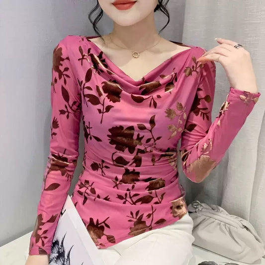 Sexy one-shoulder long-sleeved T-shirt women's autumn new design western style chic irregular mesh bottoming top