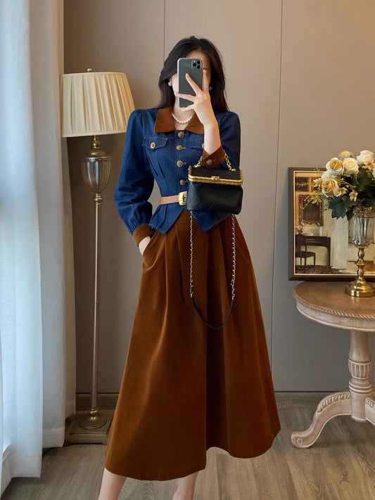 French retro small fragrance dress high-end temperament high-waisted thin denim shirt two-piece suit women's autumn and winter