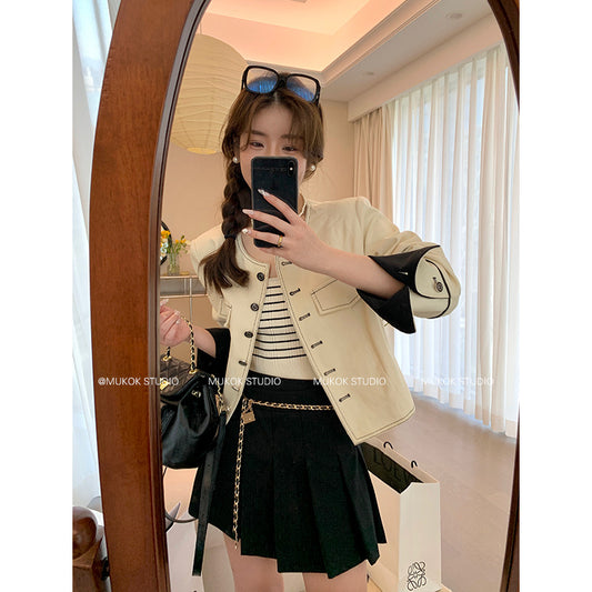 MUKOK early spring standard ~ white denim jacket female 2023 new round neck color contrast design short jacket