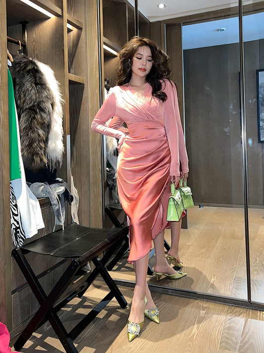 European station Hepburn style light luxury bag hip skirt temperament celebrity long-sleeved dress female spring slim slim high-end dress