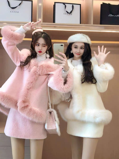 Celebrity temperament furry wavy coat skirt salt light familiar style two-piece suit female 2022 new winter